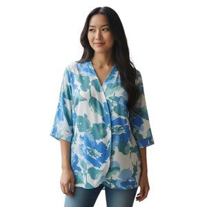 Piyama Womens Small Blue Floral Robe Soft Knit Wrap Loungewear Coastal Cottage